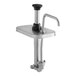 A stainless steel ServSense condiment pump with a black lid.