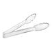 A pair of clear polycarbonate scallop grip tongs.