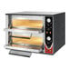 A black and silver Sirman Lipari double deck countertop pizza oven with two doors open.