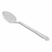 A close up of a Choice clear polycarbonate perforated salad bar spoon with holes.