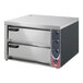 A large rectangular stainless steel Sirman Vulcano double deck pizza oven with knobs on a white background.