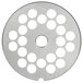A white circular metal Hobart grinder plate with holes.