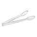 A pair of clear polycarbonate tongs with scallop grips.
