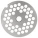 A stainless steel circular grinder plate with holes.