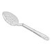 A close-up of a clear polycarbonate perforated salad bar spoon.