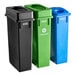 A Lavex 3-stream rectangular trash, recycle, and compost station with black, green, and blue lids.