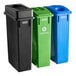 A Lavex 3-stream rectangular trash station with black, green, and blue lids.