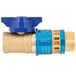 A close-up of a blue and gold valve with a blue handle on a blue pipe.