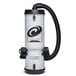 A ProTeam LineVacer backpack vacuum with a black hose and a white canister.