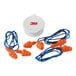 3M reusable earplugs with orange and blue cords in a white container with red and white text.