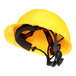 A 3M yellow hard hat with black straps.