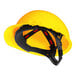 A yellow 3M hard hat with black straps and a vented cap.