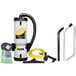 A ProTeam LineVacer backpack vacuum cleaner with various tools attached.