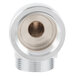 A close-up of a T&S stainless steel faucet elbow.
