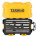 A yellow and black DeWalt tool box with a removable tray and a lock.