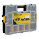 A yellow and black plastic Stanley tool organizer with compartments and drawers.