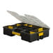 A Stanley yellow and black plastic tool organizer with two compartments.