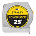 A Stanley PowerLock 25' tape measure with a yellow and black label.