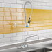 A commercial backsplash-mount pre-rinse faucet with a 12-inch wall bracket, 16-inch riser, 14-inch swing nozzle, and 36-inch hose.
