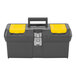 A black and yellow Stanley Series 2000 toolbox with two compartments and a tray.