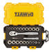 A yellow DeWalt socket set box with black text and a removable white tray inside.