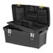 A black Stanley toolbox open to reveal a yellow handle and two compartments.