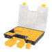 A Stanley yellow and black plastic tool organizer with 25 compartments.