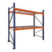 A blue and orange metal Interlake Mecalux pallet rack with wire shelves.