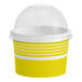 A yellow and white paper cup with a clear dome lid.