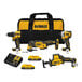 A group of yellow and black DeWalt cordless power tools, batteries, and charger in a yellow and black tool bag.