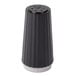 A black disposable pepper shaker with a black lid.