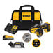 A black and yellow DeWalt bag with a DeWalt 3" Compact Cut-Off Tool Kit inside, along with a black and yellow battery charger.