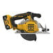 A yellow and black DeWalt 20V Max cordless circular saw on a white background.