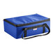 A blue cooler bag with black straps.