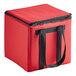 A Sterno red nylon insulated catering food carrier with black straps.