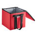 A red cooler bag with black handles.