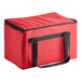 A red Sterno insulated delivery bag with black straps.