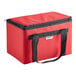 A red nylon insulated delivery food carrier with black straps.