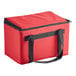 A red cooler bag with black straps.