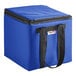 A Sterno Royal Blue Nylon Insulated Delivery Food Carrier with black straps.