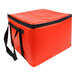 A red Sterno insulated food carrier with black straps.