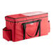 A red Sterno insulated food carrier with black straps and trim.