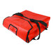 A red Sterno insulated pizza carrier bag with black straps.