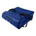 A Sterno large royal blue insulated pizza carrier with black straps.