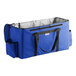 A blue and black Sterno insulated food carrier with two compartments.