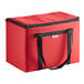 A red nylon insulated food carrier with black straps.