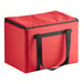 A red nylon insulated catering food carrier with black straps.