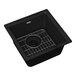 A Zurn Elkay black quartz bar sink with a wire basket and metal grate in the drain.