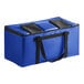 A royal blue vinyl insulated milk crate bag with black straps.