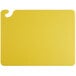 A yellow rectangular San Jamar cutting board with a yellow handle.